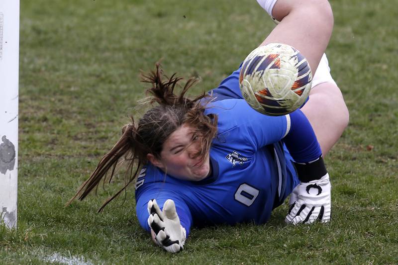 Kaneland's Natalie Myers saves a shot on goal during a nonconference soccer game against Crystal Lake Central on Thursday, April 10, 2025, at Crystal Lake Central High School.