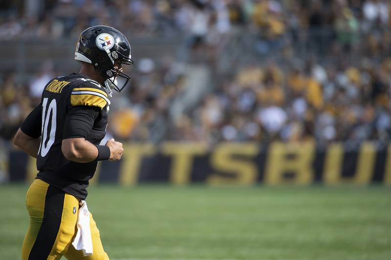 Pittsburgh Steelers quarterback Mitch Trubisky (10) walks off the field after being stopped on third down in the second half during an NFL football game against the New England Patriots in Pittsburgh, Sunday, Sept. 18, 2022. (AP Photo/Justin Berl)