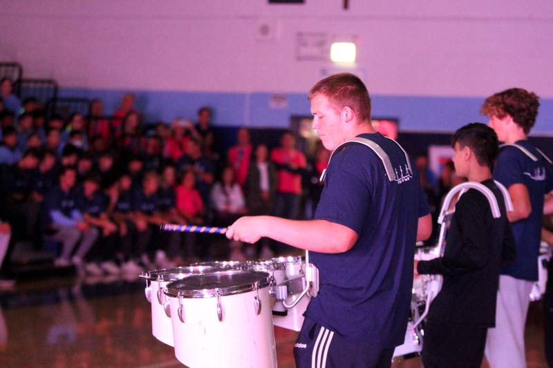 Members of the Nazareth Academy drum line perform during a homecoming pep rally at the La Grange Park school on Friday, Sept. 30, 2022.