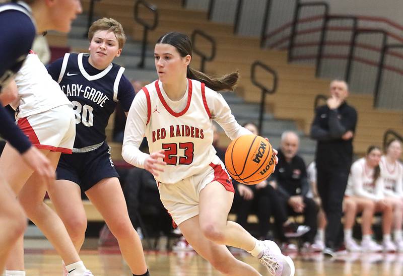 Huntley’s Aubrina Adamik moves the ball against Cary-Grove in varsity girls basketball on Monday, Feb. 2, 2026, at Huntley High School in Huntley.