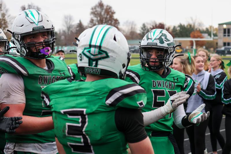 Players of Dwight/Gardner-South Wilmington celebrate after win on Saturday, November 9, 2024 at Dwight High School in Dwight.