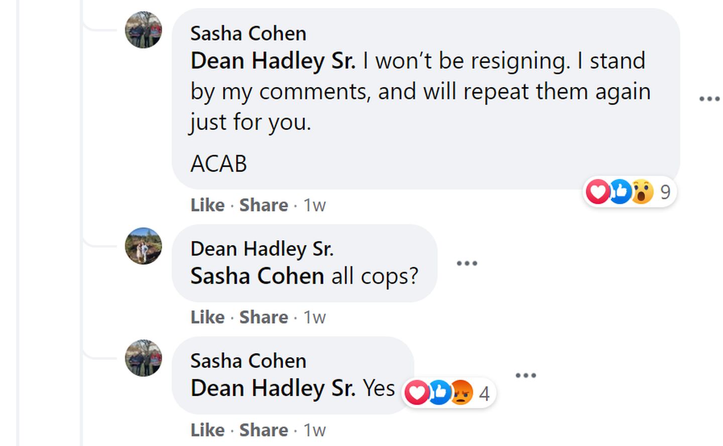 DeKalb City Clerk Sasha Cohen’s public apology came after DeKalb area residents expressed concerns this month in community social media groups about Cohen posting criticisms about police and writing “ACAB,” an acronym meaning “all cops are bastards,” in public social media posts as a public official. (Screenshot by Daily Chronicle on 8.24.21)