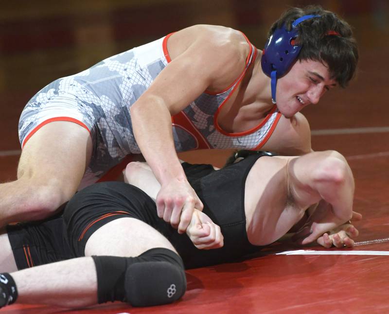 Oregon's Nelson Benesh (top) wrestles Byron's Cael O'Hare at 150  pounds at the Oregon Quad meet on Saturday, Jan. 17, 2026 at the Blackhawk Center in Oregon.