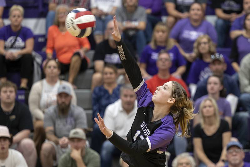 Dixon’s Isabelle Quackboerner hammers the ball against L-P Tuesday, Oct. 29, 2024, at the class 3A regional semifinal in Dixon.