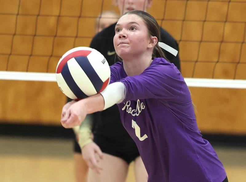 Rochelle's Jaydin Dickey bumps the ball against Sycamore Tuesday, Oct. 28, 2025, during their Class 3A regional semifinal match at Rochelle High School.