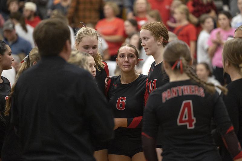 Erie-Prophetstown reacts to losing in straight sets to El Paso-Gridley Thursday, Nov. 7, 2024, during the class 2A volleyball sectional championship at Bureau Valley High School.