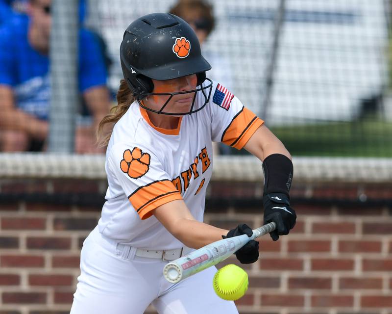 Wheaton Warrenville South's Addison Jensen (1) tries to bunt the ball during the sectional semifinal game against Wheaton North on Thursday June 5, 2025, held at Oswego High School.
