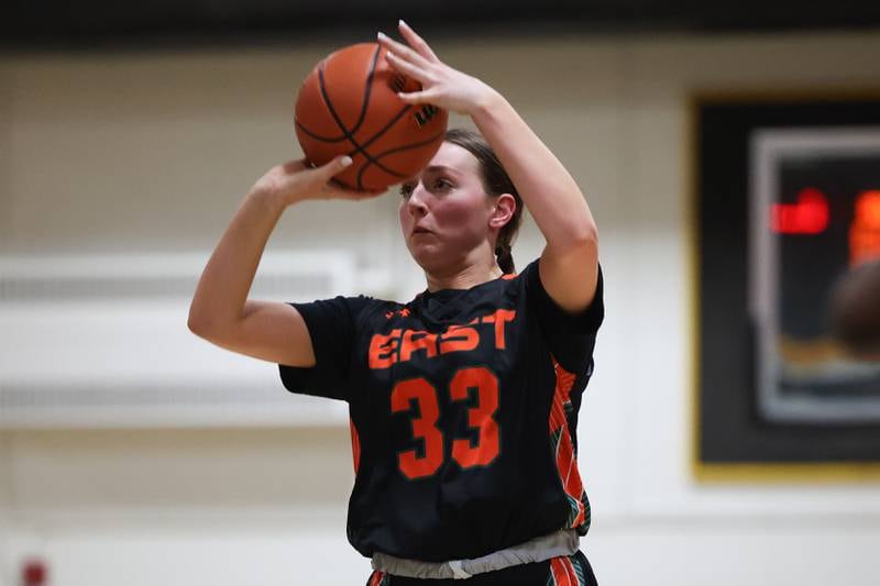 Plainfield East’s  Anna Jenkins takes a shot against Joliet West on Thursday, February 2nd.