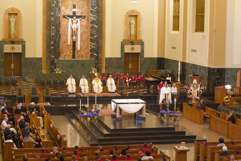 A  Mass celebrating the election of Pope Leo XIV on Friday, May 9, 2025, at Cathedral of St. Raymond Nonnatus in Joliet.