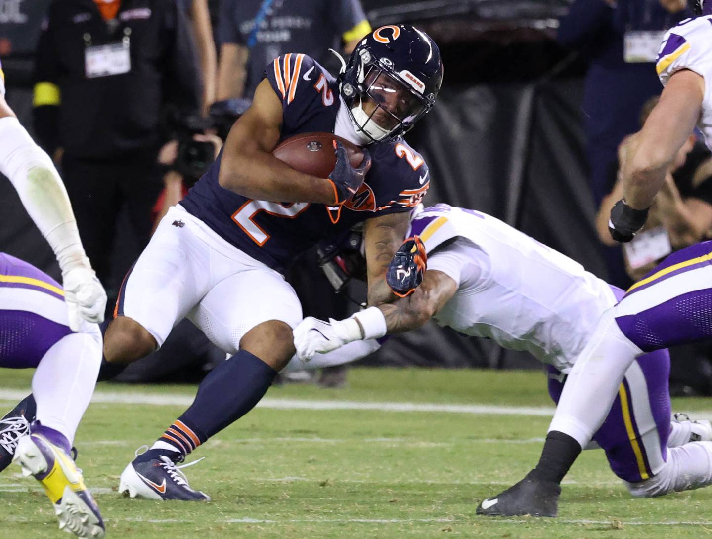 Chicago Bears wide receiver DJ Moore is tackled by Minnesota Vikings cornerback Byron Murphy Jr. during their game Monday, Sept. 8, 2025, at Soldier Field in Chicago.