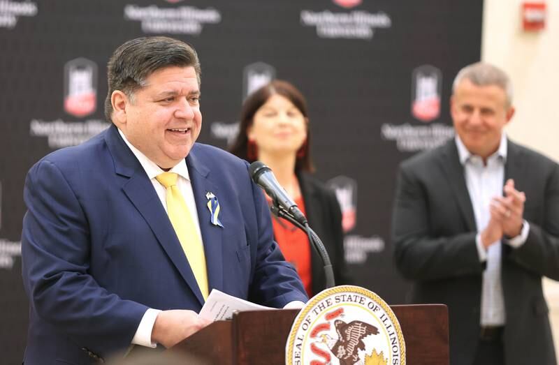 Northern Illinois University President Lisa Freeman and DeKalb Mayor Cohen Barnes welcome Illinois Gov. JB Pritzker to the podium Thursday, March 3, 2022, in the Barsema Alumni and Visitors Center at NIU in DeKalb.