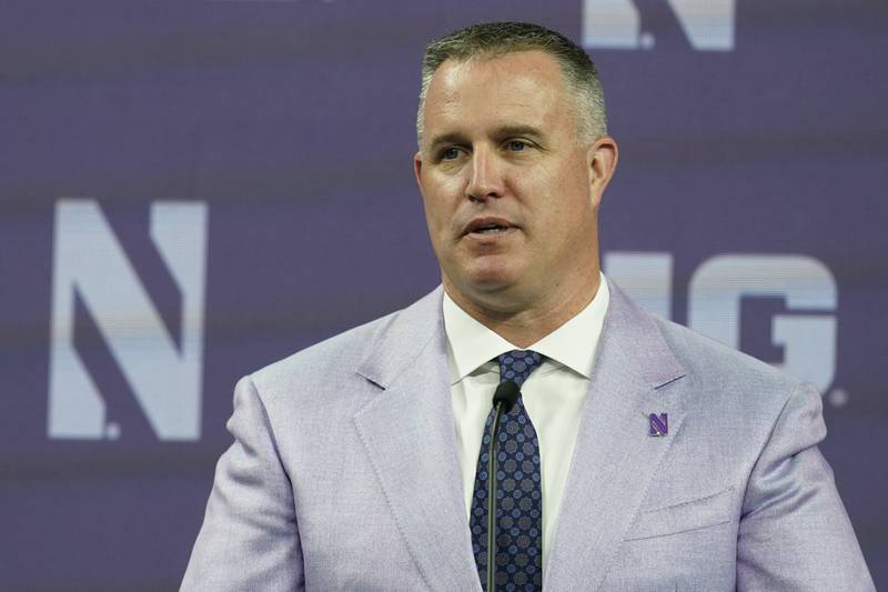 FILE - Northwestern head coach Pat Fitzgerald talks to reporters during an NCAA college football news conference at the Big Ten Conference media days, at Lucas Oil Stadium, Tuesday, July 26, 2022, in Indianapolis. Northwestern has suspended coach Pat Fitzgerald for two weeks without pay following an investigation into alleged hazing within the football program. Fitzgerald started serving his suspension on Friday, July 7, 2023.