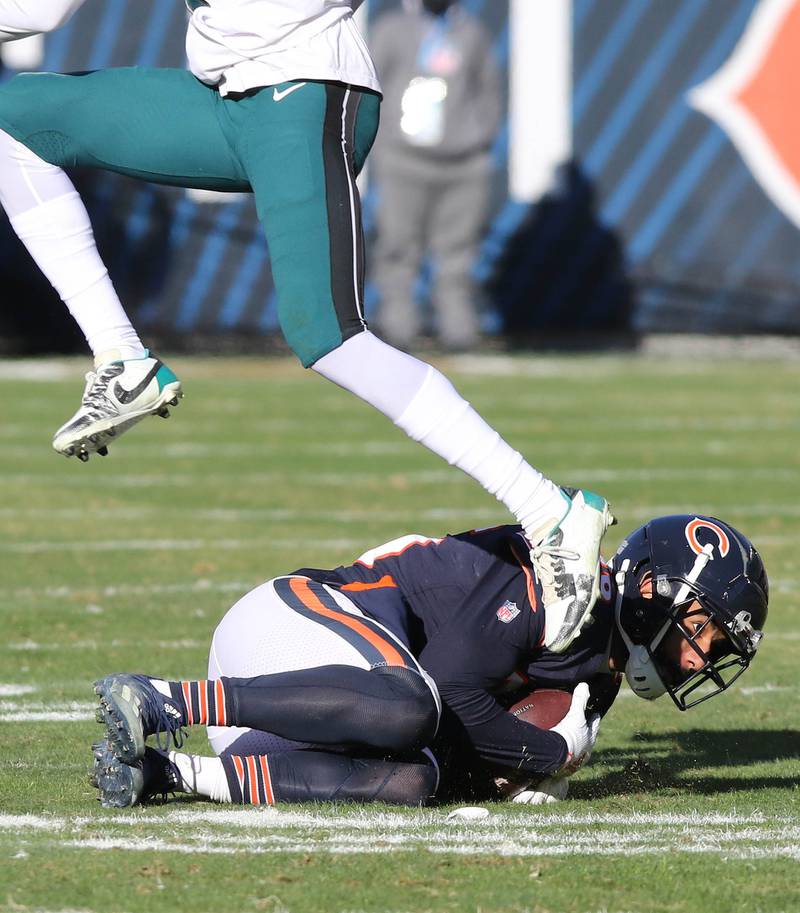Chicago Bears safety DeAndre Houston-Carson intercepts a Philadelphia Eagles quarterback Jalen Hurts pass during their game Sunday, Dec. 18, 2022, at Soldier Field in Chicago.