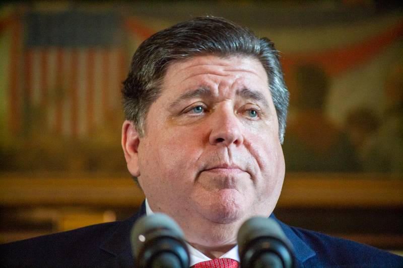 Gov. JB Pritzker is pictured at a news conference in his Capitol office earlier this year.