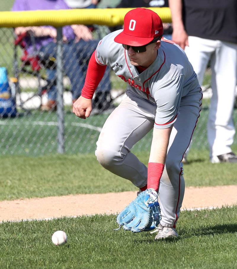 Ottawa's Jacob Rosetto fields a bunt during their game against Sycamore Tuesday, May 6, 2025, at the Sycamore Community Sports Complex.
