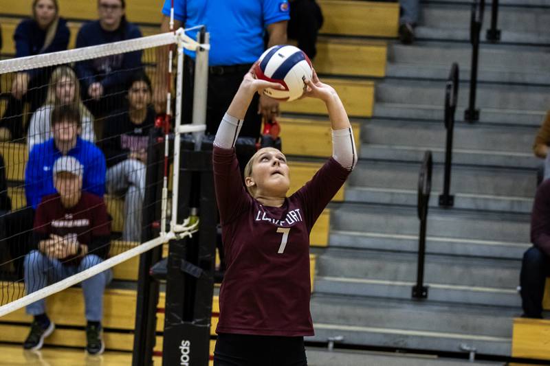 Lockport's Malley Green sets-up a teammate during the 4A L-W Central Regional varsity volleyball game against Plainfield North at Lincoln-Way Central on Oct. 30, 2025.