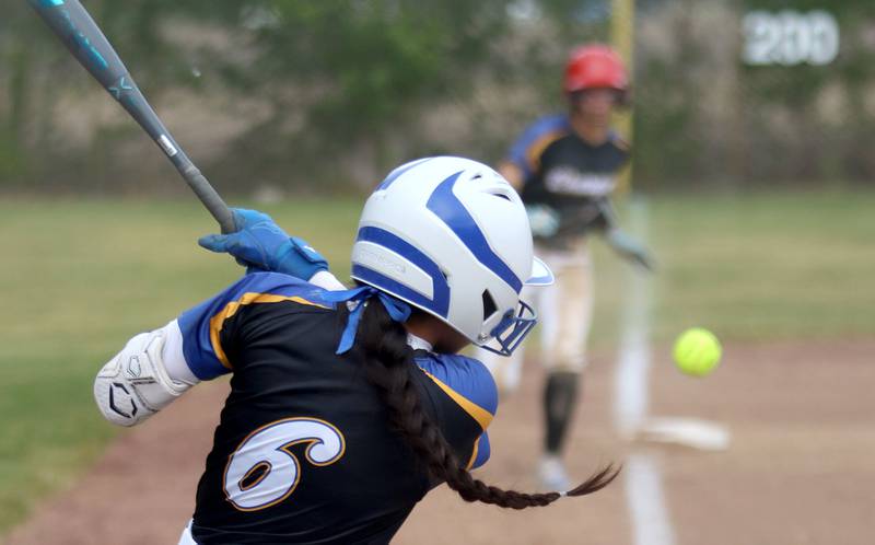 Aurora Central Catholic’s Aly Salazar scorches a foul ball down the line against Marengo in varsity girls softball IHSA Class 2A Regional Title Game action on Friday, May 22, 2026 at Raymond Benoy Field on the campus of Marian Central High School in Woodstock.