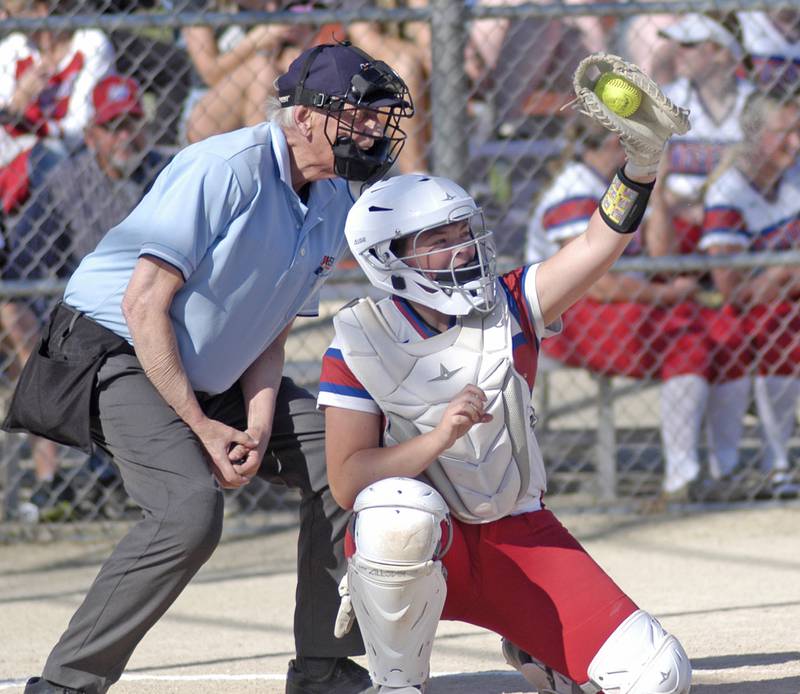 Morrison catcher Allie Anderson stops a high pitch. The Bureau Valley Storm traveled to Morrison for a game against the Fillies on Friday, May 9th, 2025.