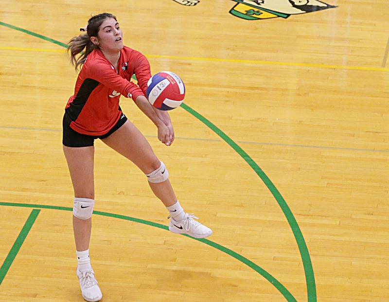 Henry's libero Gabriella Garcia hits the ball against Putnam County in the Tri-County Conference Tournament on Monday, Oct. 10, 2022 in Seneca.