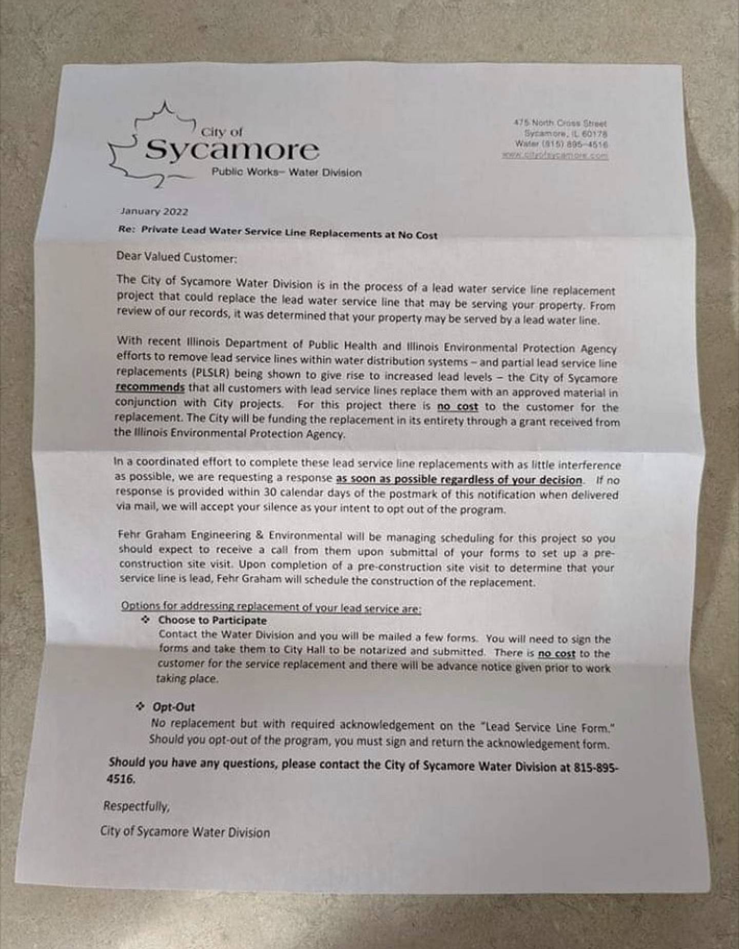 Shannon Thomsen recently received a letter at her home in the 1000 block of Wild Street in Sycamore at the end of January. It was sent by the city of Sycamore informing her that her home's water service lines are lined with lead and as a result she's eligible to have them replaced for free through a program the city is offering through a $1.6 million loan from the Illinois Environmental Protection Agency. (Photo provided by Shannon Thomsen)
