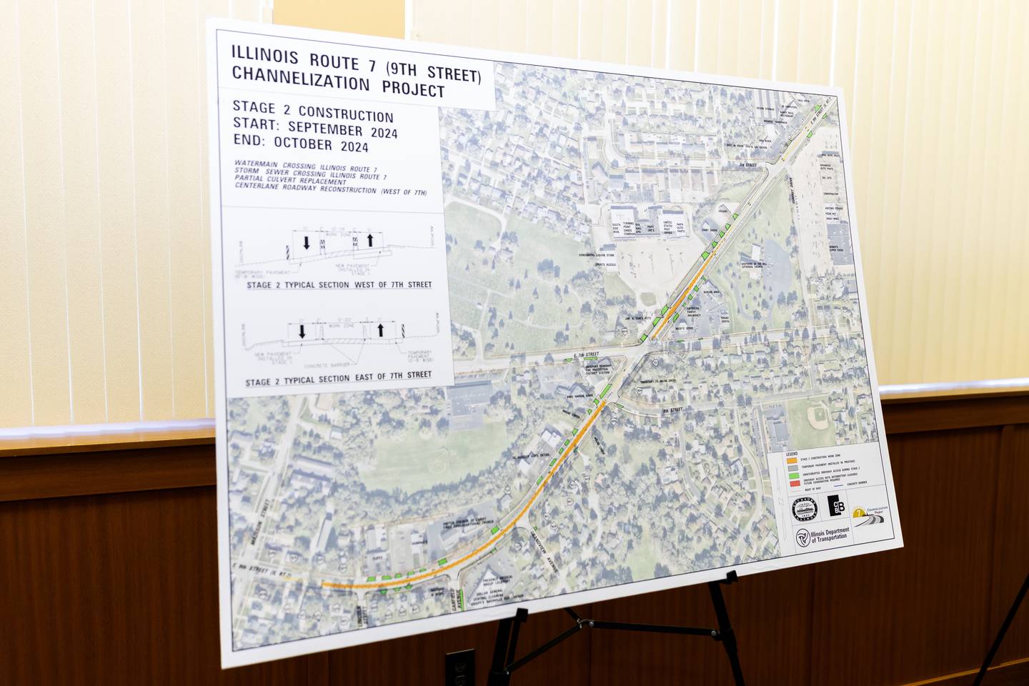 Plans are on display for residents to peruse at the Illinois Route 7 Channelization Project pre-construction open house at Lockport City Hall on April 15, 2024.