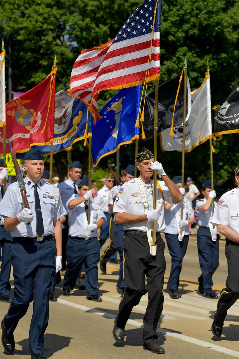 Robert Alergott of American Legion Post 342 carries the American Flag as part of the St. Charles Memorial Day Parade color guard on Monday, May 29, 2023.