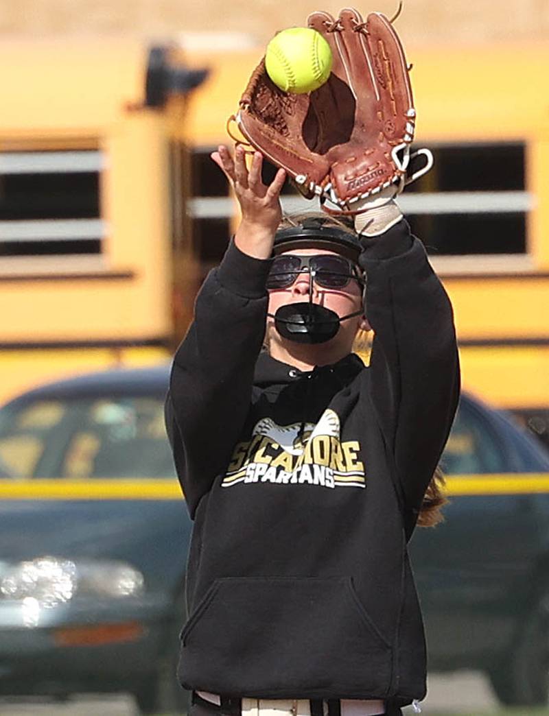 Sycamore's Haley Von Schnase makes a catch during their game against Ottawa Friday, April 21, 2023, at Sycamore High School.