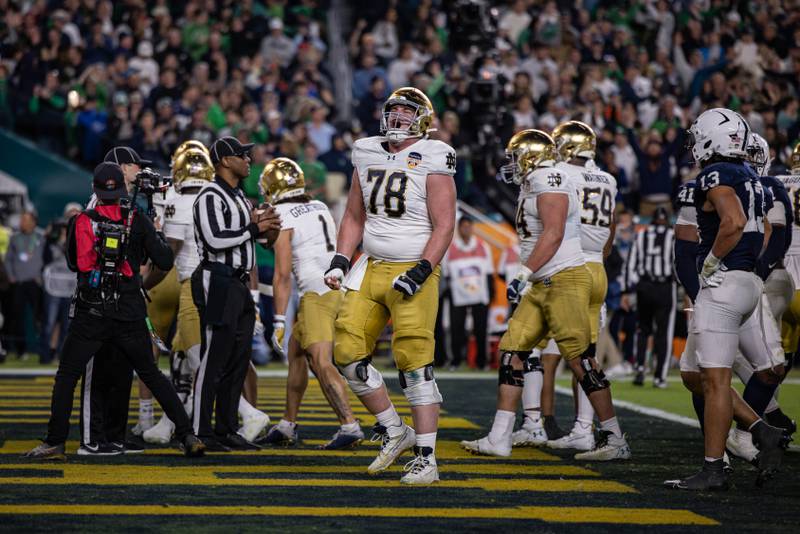 Marist alumnus and Notre Dame offensive lineman Pat Coogan (78) celebrates during the Fighting Irish's College Football Playoff semifinal gave against Penn State. Coogan has stepped in and provided leadership for the Irish. Photo courtesy Notre Dame Athletics