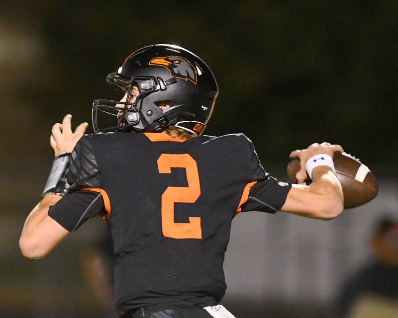 DeKalb's Cole Latimer (2) attempts a passing play that was incomplete during the first quarter on Friday Sept. 20, 2024, while taking on Lincoln-Way Central held at DeKalb High School.