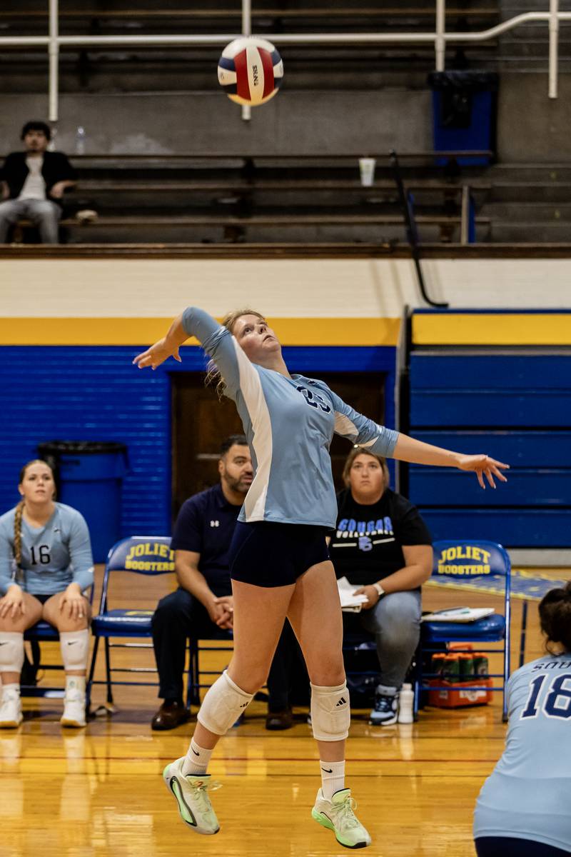 Plainfield South's Grace Malek goes for a kill during a varsity volleyball away game against Joliet Central on Sept. 18, 2025.