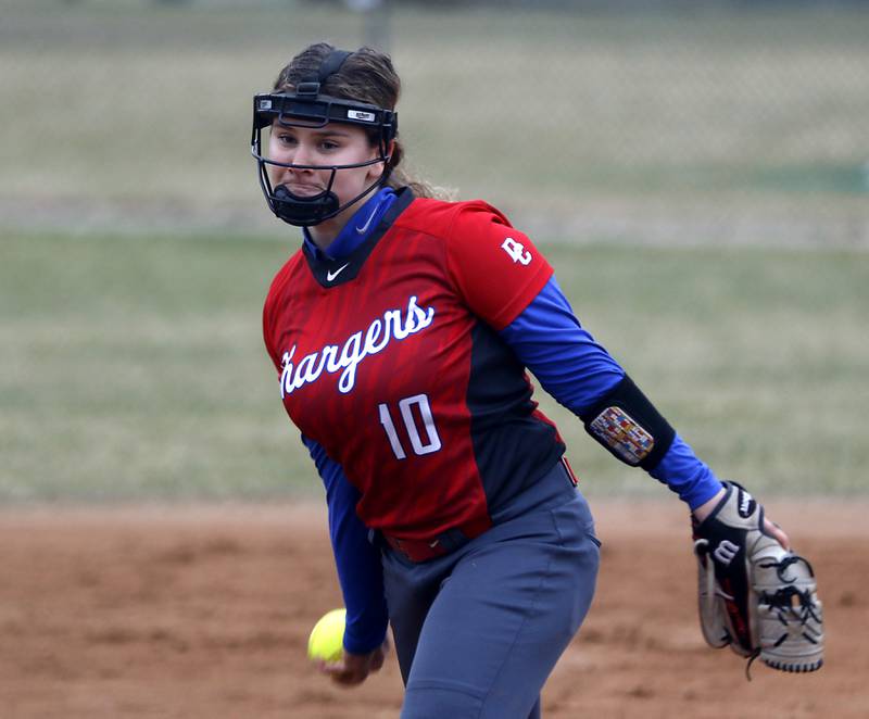 Dundee-Crown’s Mckayla Anderson throws a pitch during a Fox Valley Conference softball game Monday, April 4, 2022, between Cary-Grove and Dundee-Crown at Cary-Grove High School.