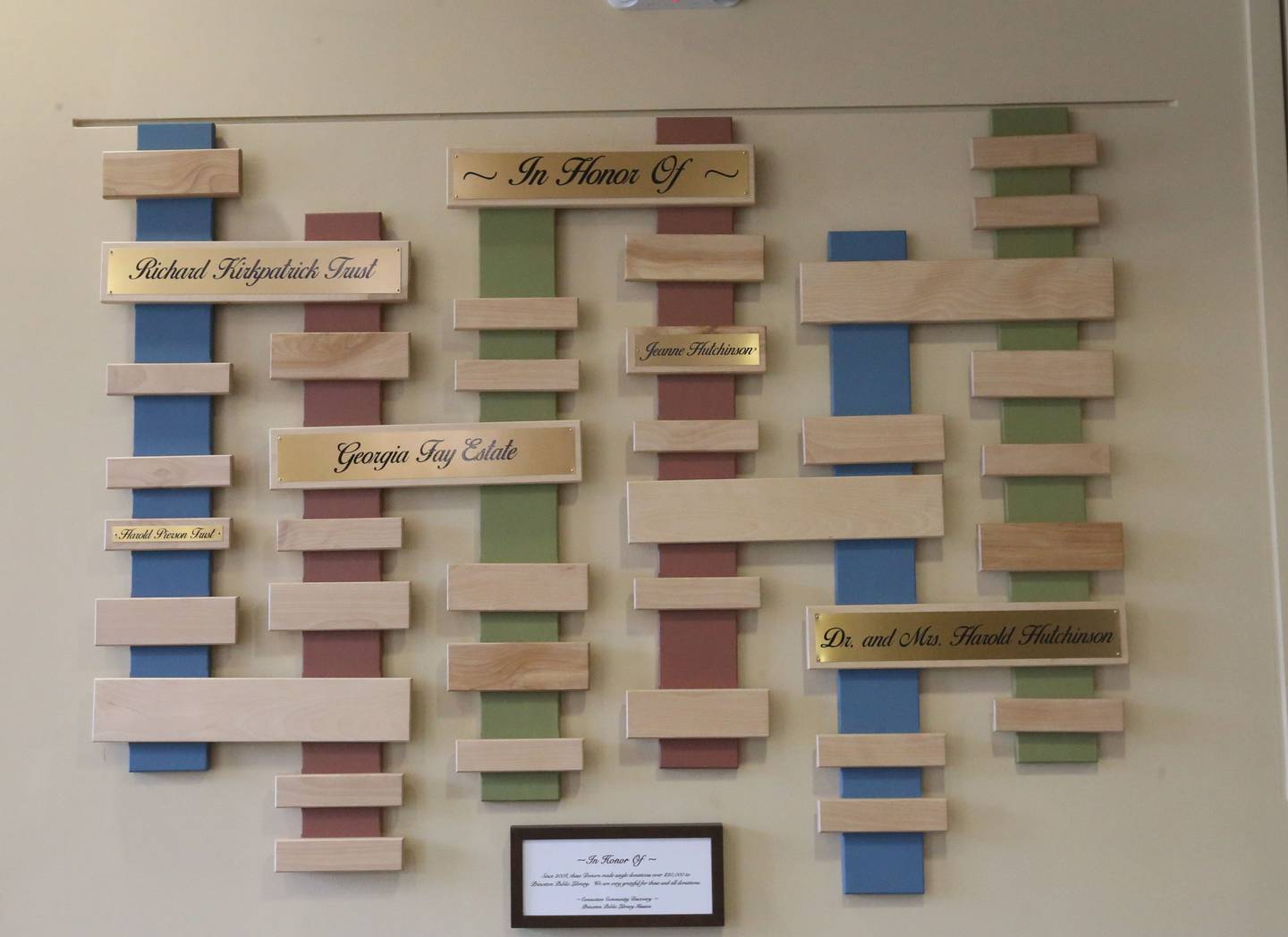 A view of the new donor recognition wall at the Princeton Public Library on Thursday, Aug. 1, 2024. The Princeton Public Library Board of Trustees and staff are celebrating 17 years at the Peru Street location. The occasion provides the perfect opportunity for the library to publicly announce the installation of a new donor recognition wall. The new structure highlights the most generous, one-time donations the library has received since the opening. Initially, the library opened the Americans with Disabilities Act compliant facility on Aug. 1, 2017. The upgrade was primarily funded through the generosity of the community. These donors are prominently displayed throughout the building.