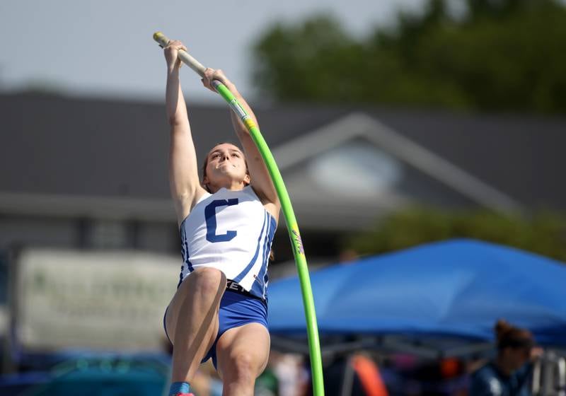 Tia Brennan of Burlington Central competes in the 2A pole vault during the IHSA State Track and Field Finals at Eastern Illinois University in Charleston on Saturday, May 20, 2023.