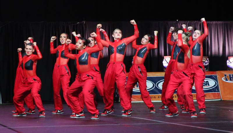 Members of the Grant High School dance team perform during the IHSA State Dance finals on Saturday, Feb. 1, 2025 at Grossingers Motor Arena in Bloomington.