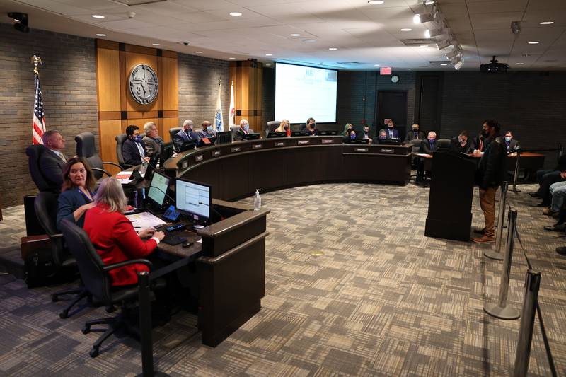 Felix Ortiz, of Joliet, speaks out against the NorthPoint project during the Joliet City Council meeting on Tuesday night at Joliet City Hall. Tuesday, Dec. 21, 2021 in Joliet.