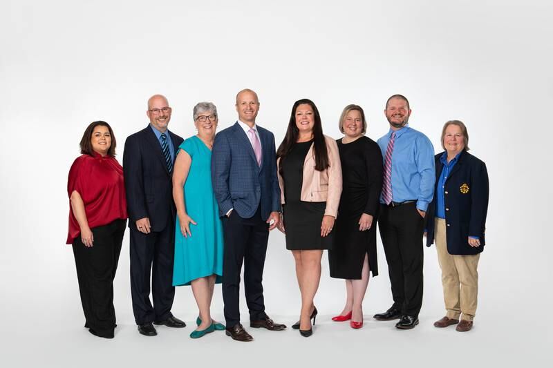District 70's school board is (from left) President Jennifer Khan, member Steve Sticklen, Secretary Nan Dahlke, Vice President Travis McGhee, Superintendent Rebecca Jenkins, members Angela Balanag, Brian Lawton and Wendy Schilling.