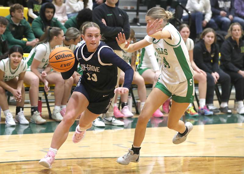 Cary-Grove's Malaina Kurth tries to drive the baseline against Crystal Lake South's Makena Cleary during a Fox Valley Conference girls basketball game on Friday, Jan. 23, 2026, at Crystal Lake South High School.