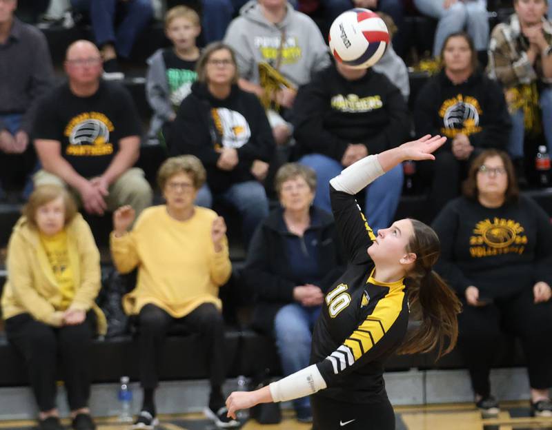 Putnam County's Myah Richardson spikes the ball against Orion during the Class 1A Regional final on Thursday, Oct. 30, 2025 at Putnam County High School.