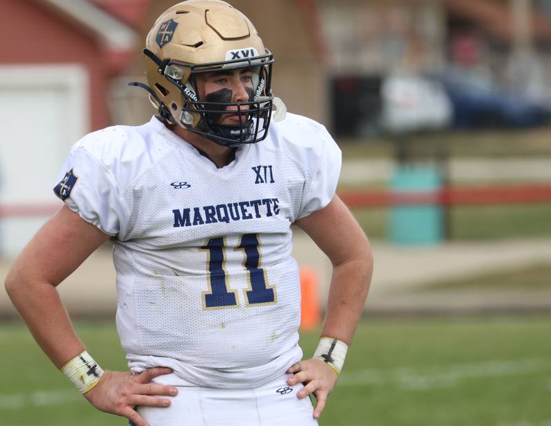 Marquette quarterback Anthony Couch reacts after throwing  an interception during the Class 1A playoff game on Saturday, Nov. 1, 2025 at Gibson City-Melvin-Sibley High School.