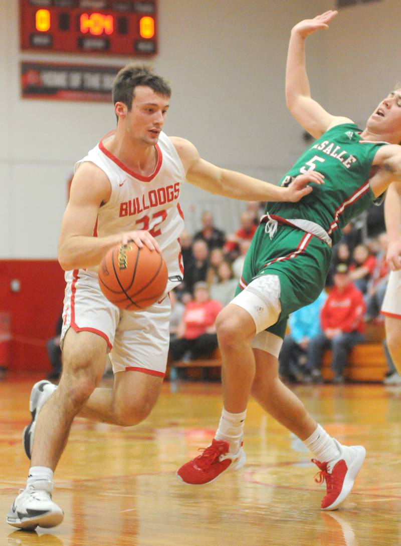 Streator's Christian Benning charges La Salle-Peru's Seth Adams at Pops Dale Gymnasium on Friday, Jan. 26, 2024.