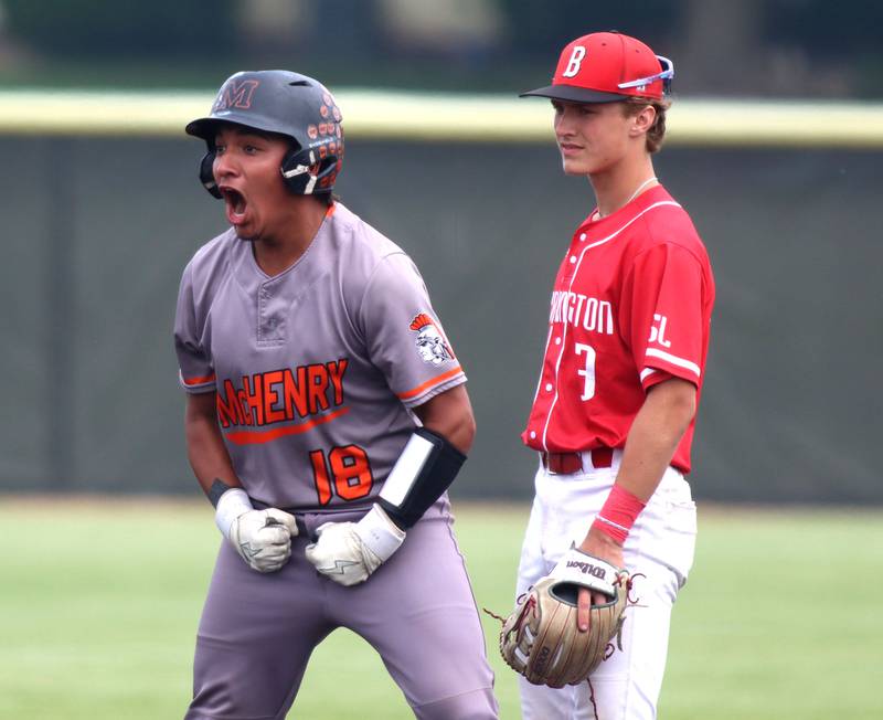 McHenry’s AJ Chavera celebrates a safe arrival at second  base on a double against Barrington’s in IHSA Class 4A Sectional Title Game baseball action at McHenry High School in McHenry on Saturday, June 7, 2025.