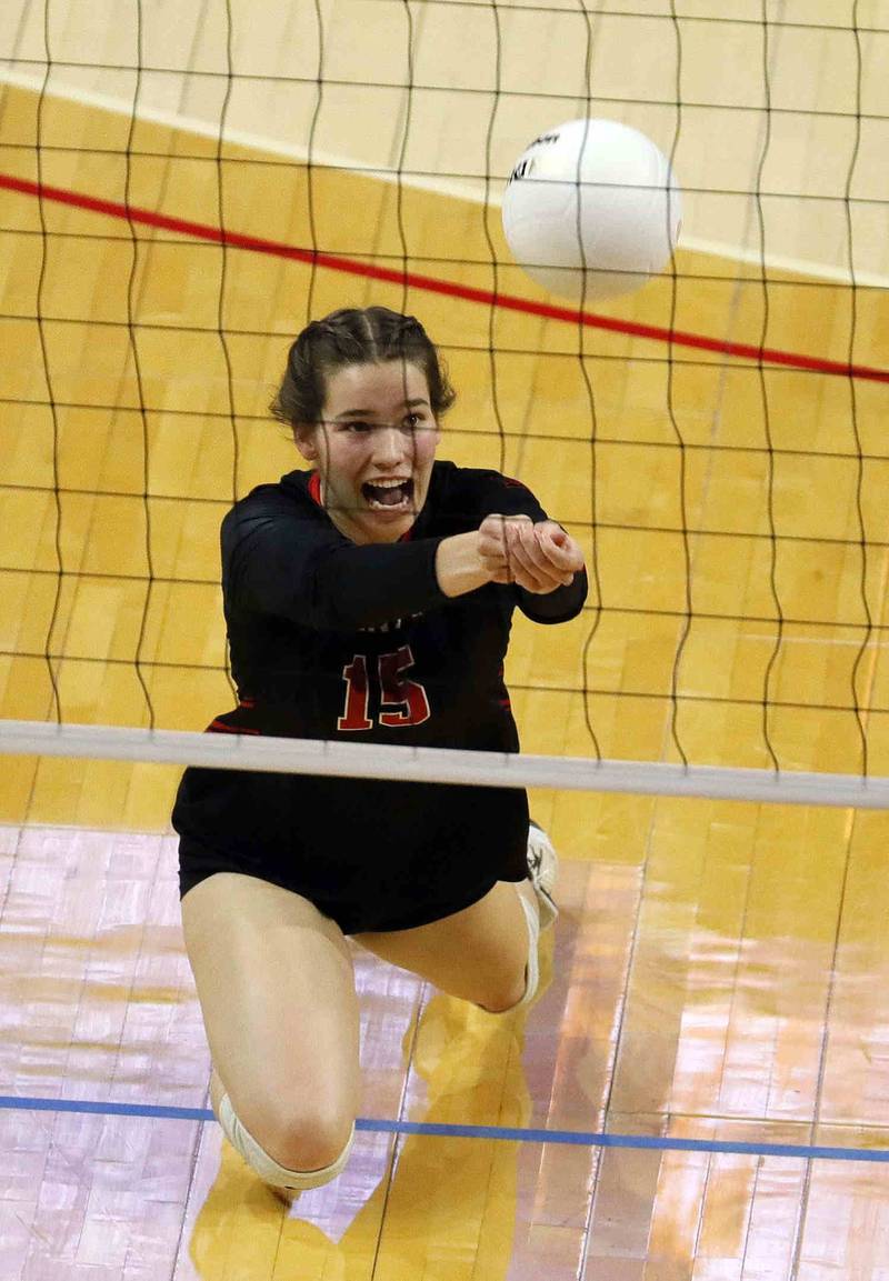 Benet’s Kirsten Krammer (15) during the IHSA Class 4A girls volleyball state title game between Benet Academy and Mother McAuley Saturday November 12, 2022 at Redbird Arena in Normal.