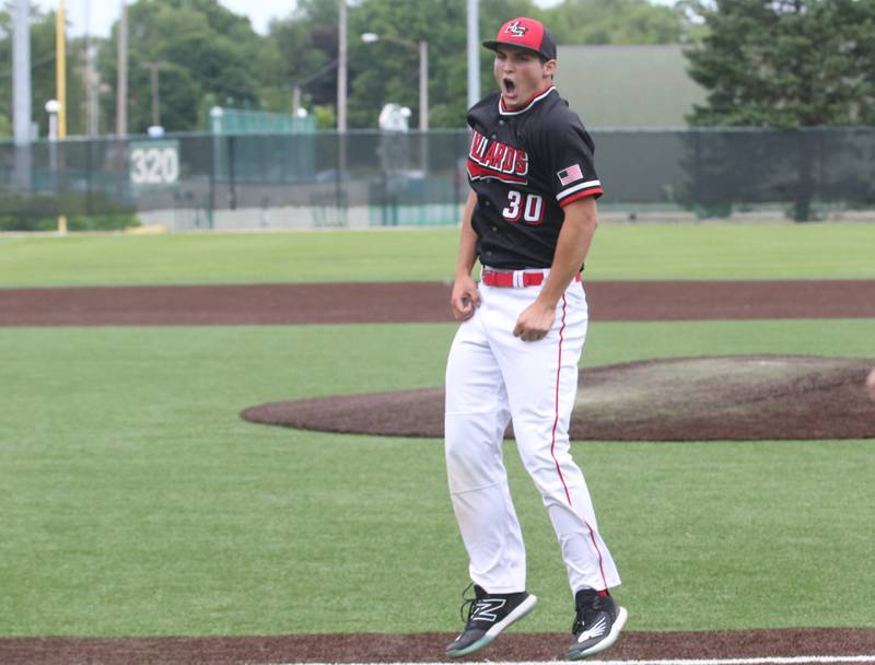 Henry-Senachwine pitcher Lance Kiesewetter reacts after defeating Milford during the Class 1A Supersectional game on Monday, May 29, 2023 at Illinois Wesleyan University in Bloomington.