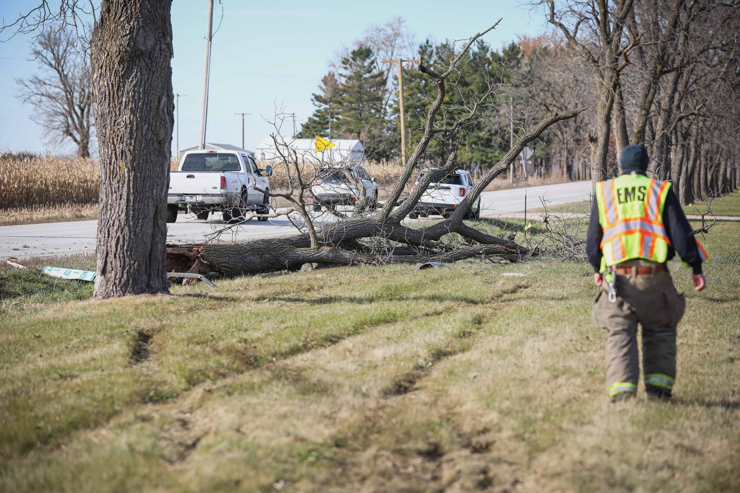 The Marengo Fire and Rescue Districts respond to a rollover SUV crash that struck down a tree along Kishwaukee Valley Road on Nov. 13, 2025.