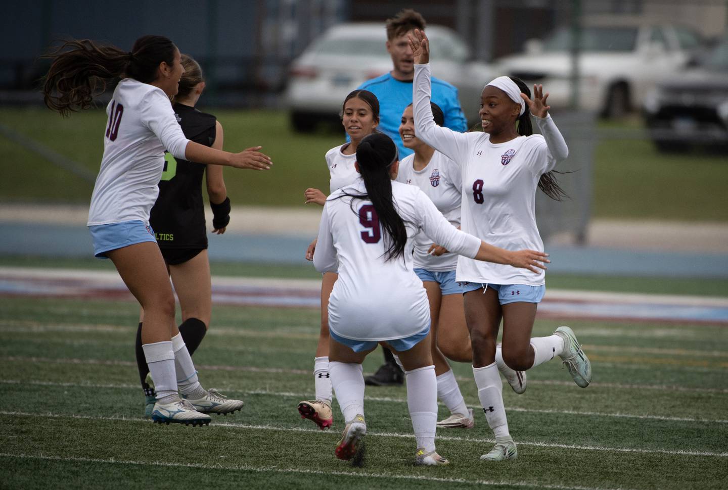 Kankakee's Alina Mkhwanazi, right, celebrates her goal against
Providence Catholic with teammates during the Class 2A Regional Championship at Kankakee High School on Friday, May 22, 2026.