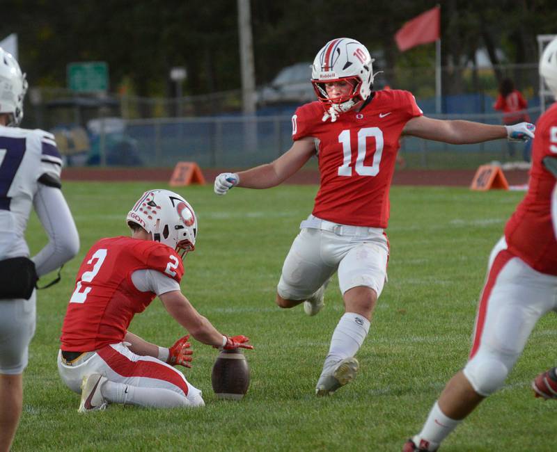 Oregon's Keaton Salsbury (10) kicks an extra point against Rockford Lutheran on Friday, Sept. 5, 2025 at Landers-Loomis Field in Oregon.