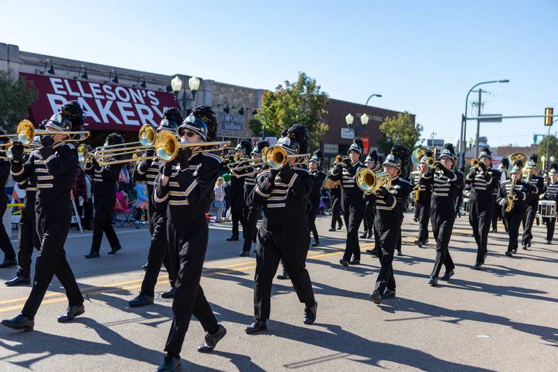 Sycamore High School marching band plays in the Sycamore Pumpkin Festival parade  on Sunday Oct. 26,2025 in Sycamore.