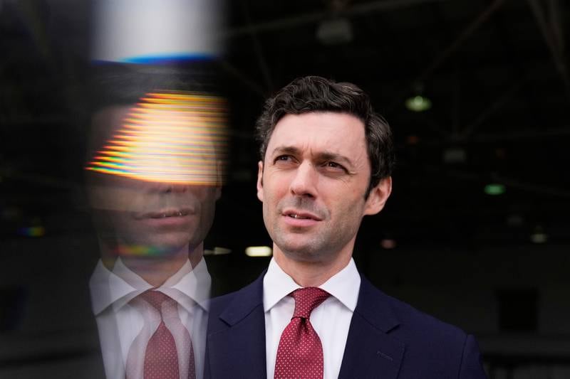 FILE - Sen. Jon Ossoff, D-Ga., speaks during an interview at Dobbins Air Reserve Base, April 26, 2025, in Marietta, Ga. (AP Photo/Brynn Anderson, File)
