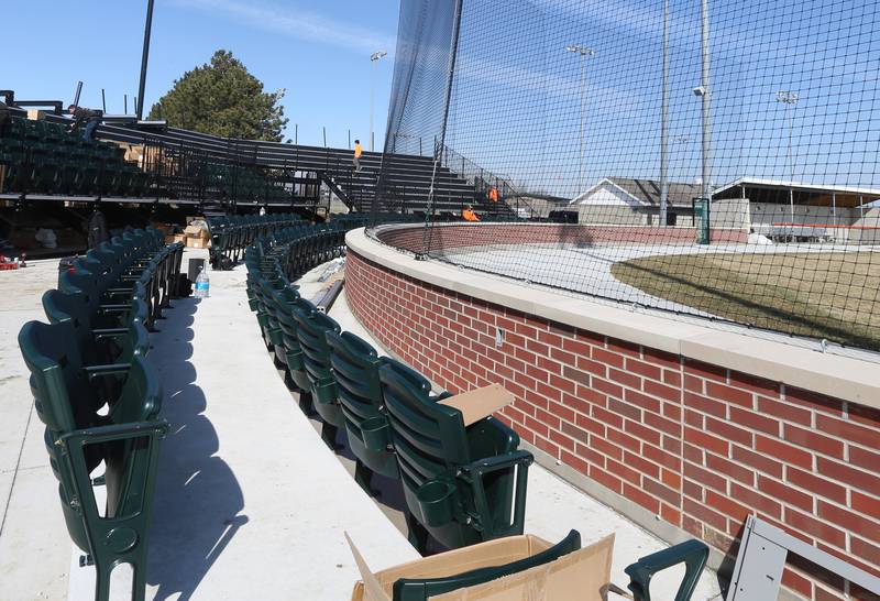 Box seats are installed by Hayden Construction at Schweickert Stadium on Monday, March 6, 2023 in Peru. The stadium home of the Pistol Shrimp grandstand was approved by the Peru City Council last June. This phase included 575 box seats, a new grandstand and press box.