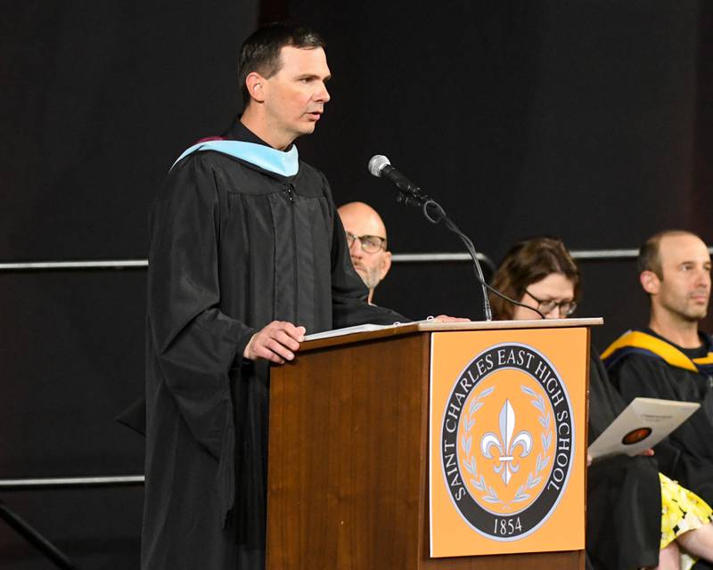 St. Charles East Principal James Richter speaks during the graduation ceremony on Monday, May 18, 2026, held at the Convocation Center in DeKalb.